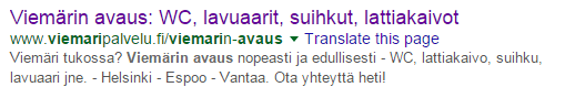 A Google result where the search term “viemärin avaus” (drain unblocking) shows in the title, the URL and the description