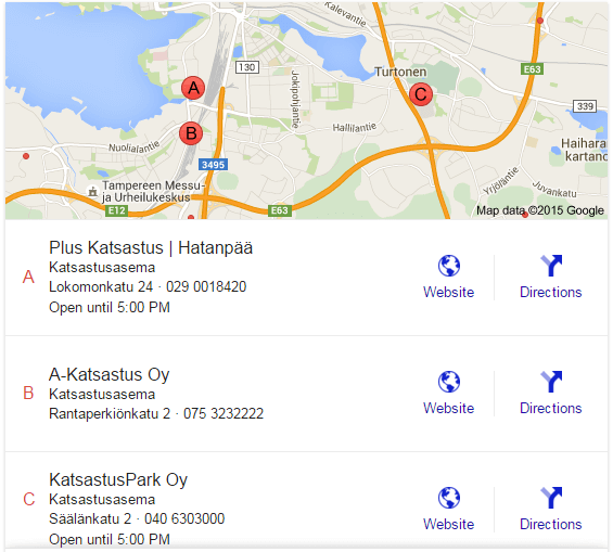 Google's map results for “katsastus tampere” (vehicle inspection Tampere): Plus Katsastus, A-Katsastus and KatsastusPark marked A–C on the map