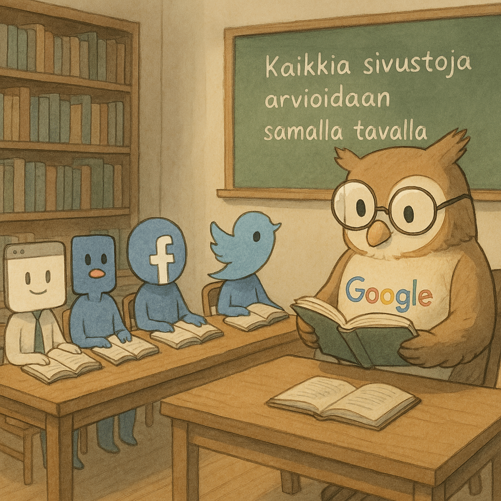 The Google owl teaching a website, Facebook and Twitter; the board says “Kaikkia sivustoja arvioidaan samalla tavalla” (all sites are judged the same way)