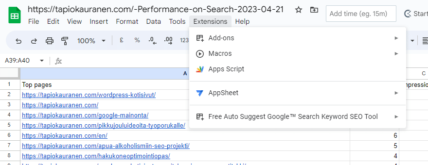 Apps Script chosen from the Extensions menu in Google Sheets, with a page list exported from Search Console behind it