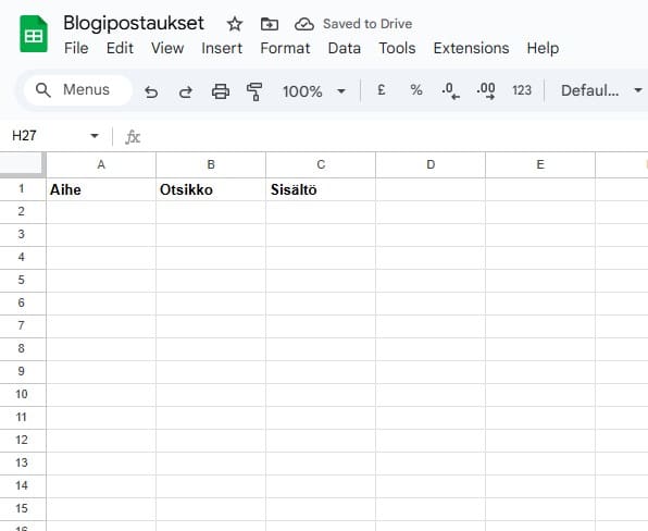 A Google Sheet named “Blogipostaukset” (blog posts) with the columns Aihe (topic), Otsikko (title) and Sisältö (content)