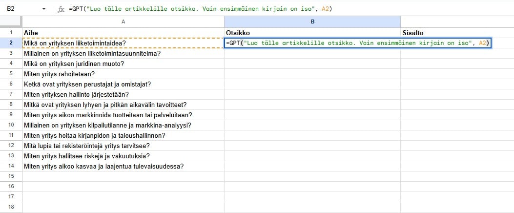 Google Sheets: topics in column A, and in cell B2 a GPT formula that writes a title for the topic