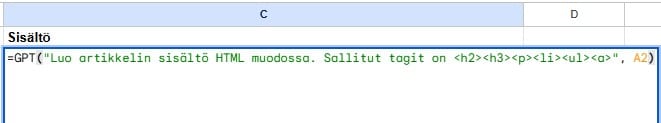 The GPT formula of the Sisältö (content) column, which writes the article in HTML with the tags h2, h3, p, li, ul and a