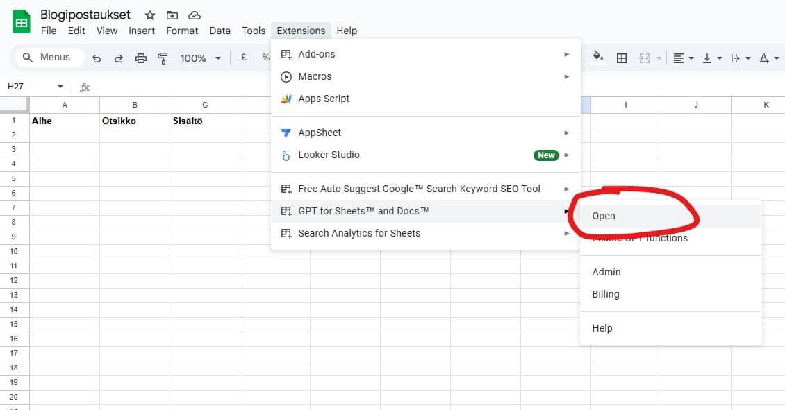 Google Sheets' Extensions menu: Open under the GPT for Sheets and Docs add-on circled in red