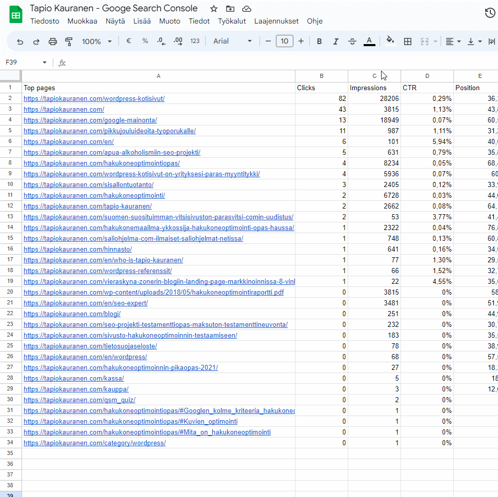 The =httpresponse formula in Google Sheets checks the page list from Search Console: one address returns 404, the others 200