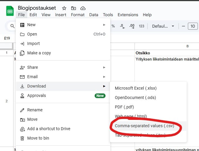 The File menu of Google Sheets, under Download: Comma-separated values (.csv) circled in red