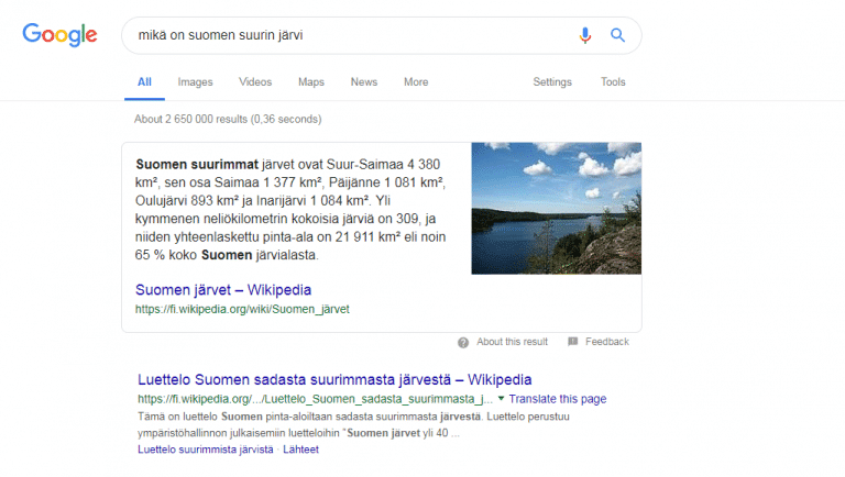 A Google search for “mikä on suomen suurin järvi” (what is the largest lake in Finland): a featured snippet from Wikipedia answers the question directly