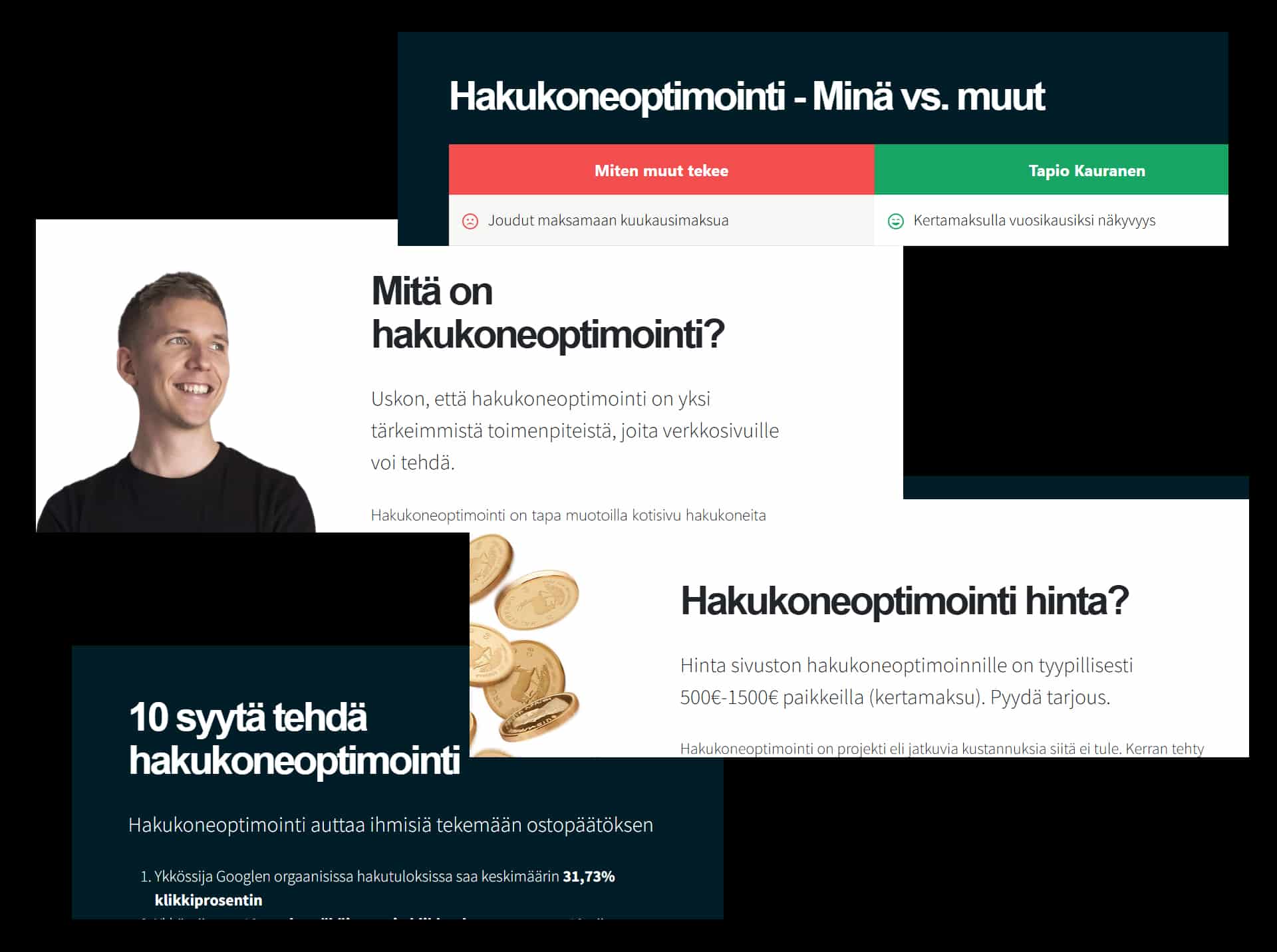 Otsikkoesimerkkejä, joissa hakutermi toistuu: ”Mitä on hakukoneoptimointi?” ja ”Hakukoneoptimointi hinta?”
