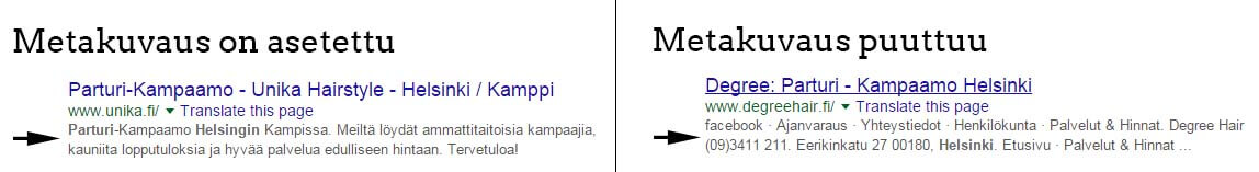 Two hair salons' results on Google: the one with a meta description introduces the salon, the one without shows menu words and contact details instead