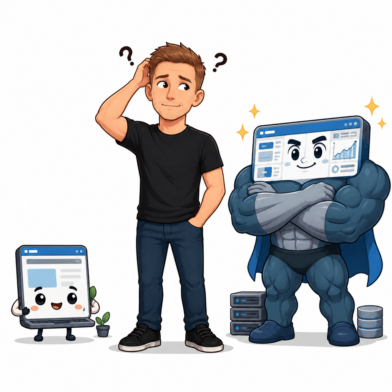 Drawing: a man pondering a choice between a small web page character and a big, muscular website character