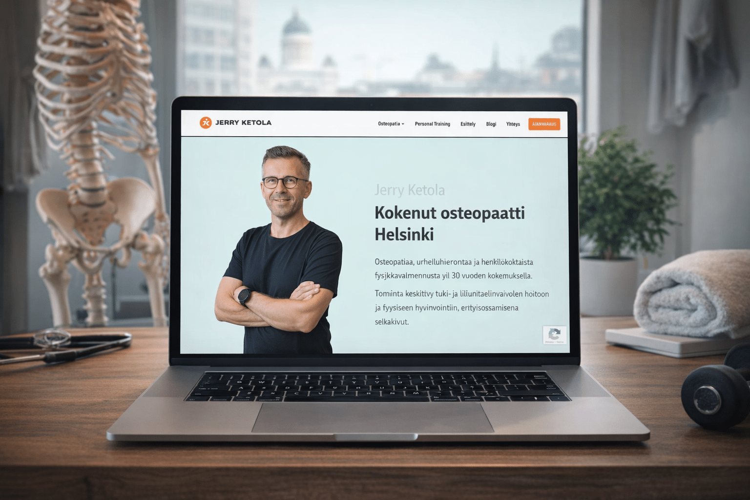 Jerry Ketola's website on a laptop: a photo of the osteopath and the headline “Kokenut osteopaatti Helsinki” (experienced osteopath, Helsinki)