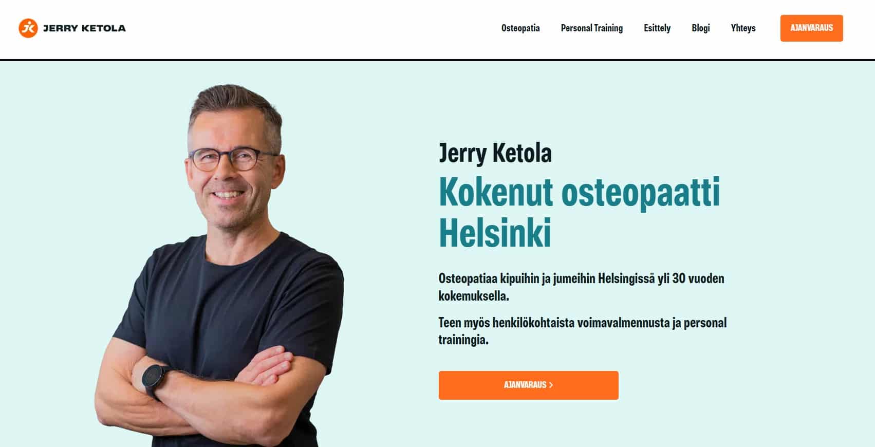 The front page of Jerry Ketola's website: osteopath Jerry Ketola and the headline “Kokenut osteopaatti Helsinki” (experienced osteopath, Helsinki)