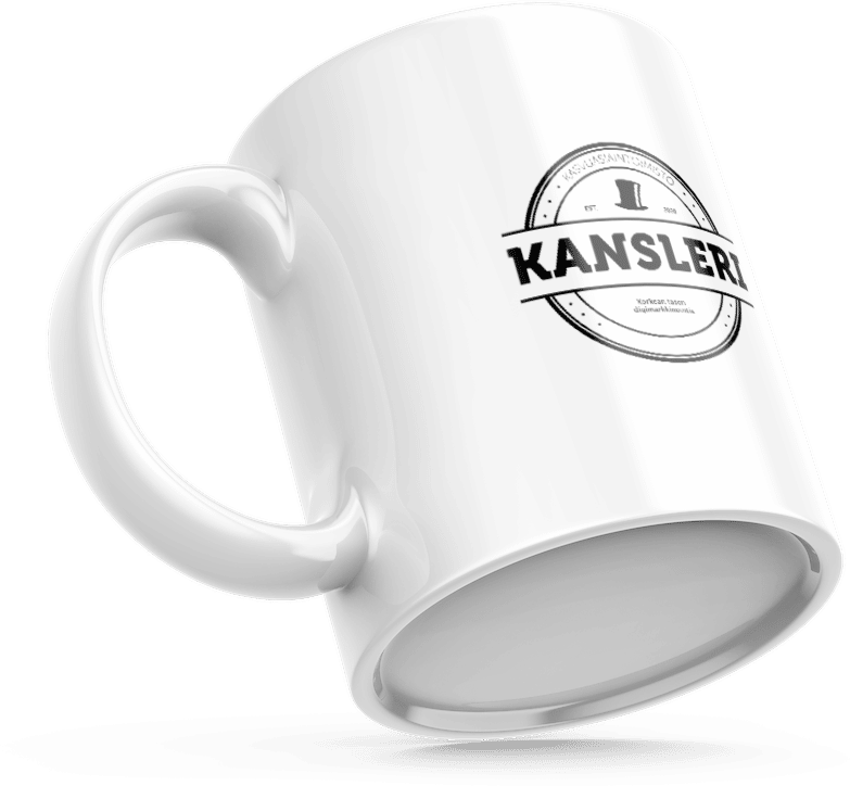 A white coffee mug with the top-hat logo of the growth agency Kansleri