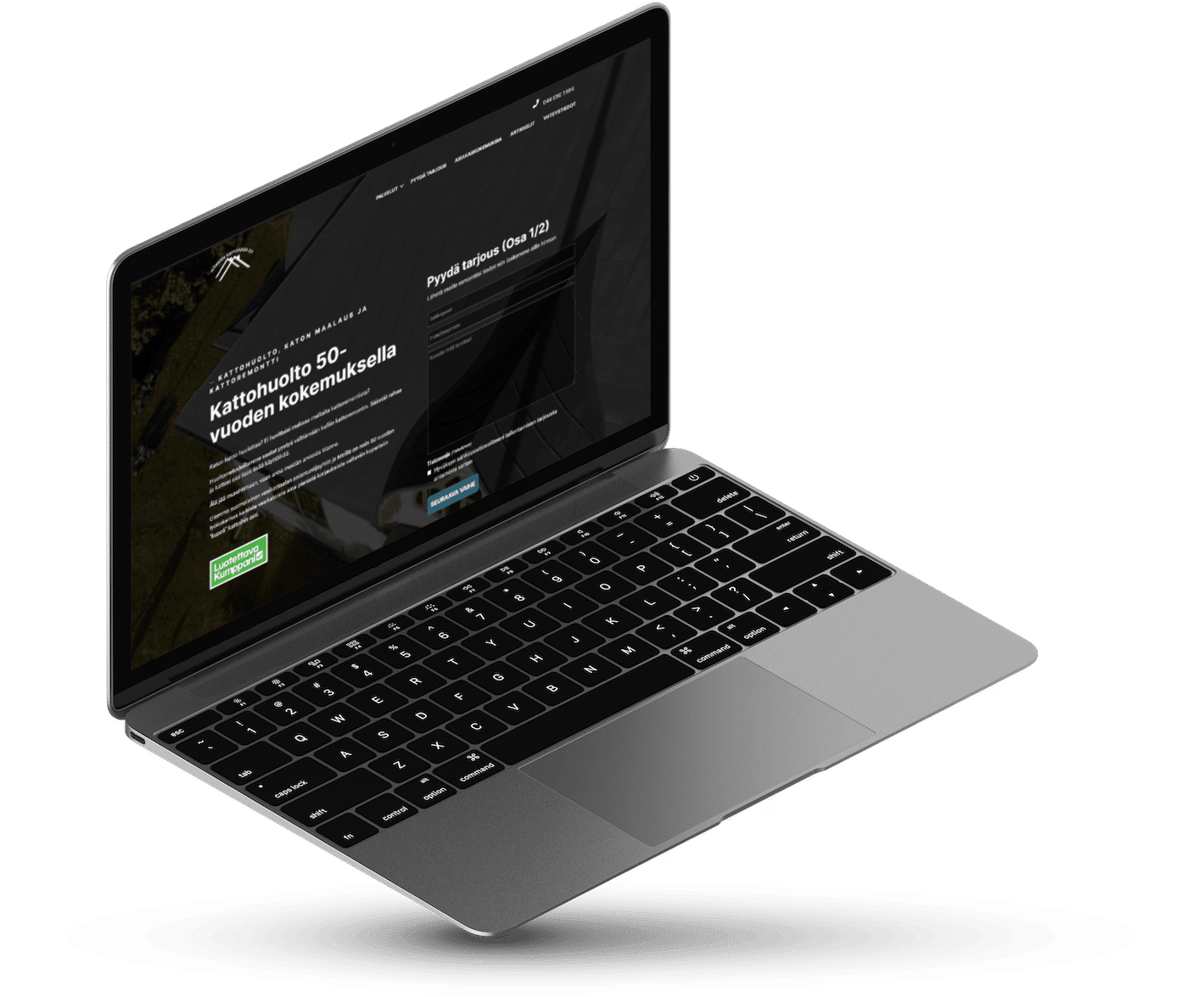 A roof maintenance company's website on a laptop screen: the headline promises 50 years of experience, beside a quote request form