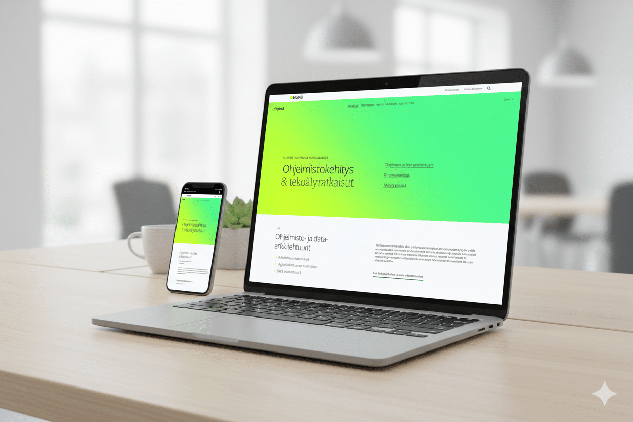Kipinä Software’s website on a laptop and a phone, headed “Ohjelmistokehitys & tekoälyratkaisut” (software development and AI solutions)