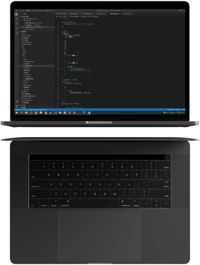 A laptop seen from above, with a code editor open on the screen