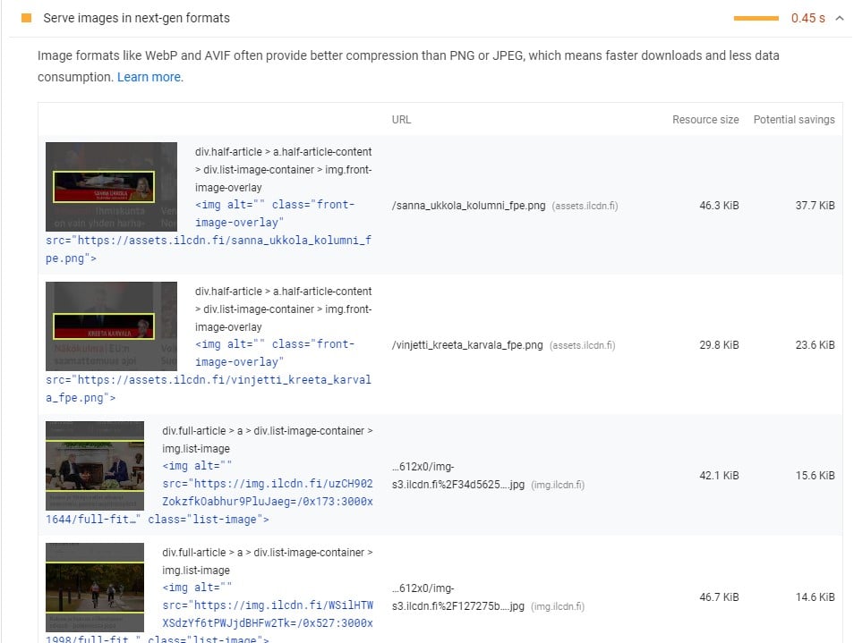 The Lighthouse report's suggestion “Serve images in next-gen formats”: images that would be smaller as WebP or AVIF