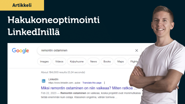 Tapio Kauranen and a Google search for “remontin ostaminen” (buying a renovation), with a LinkedIn article at the top