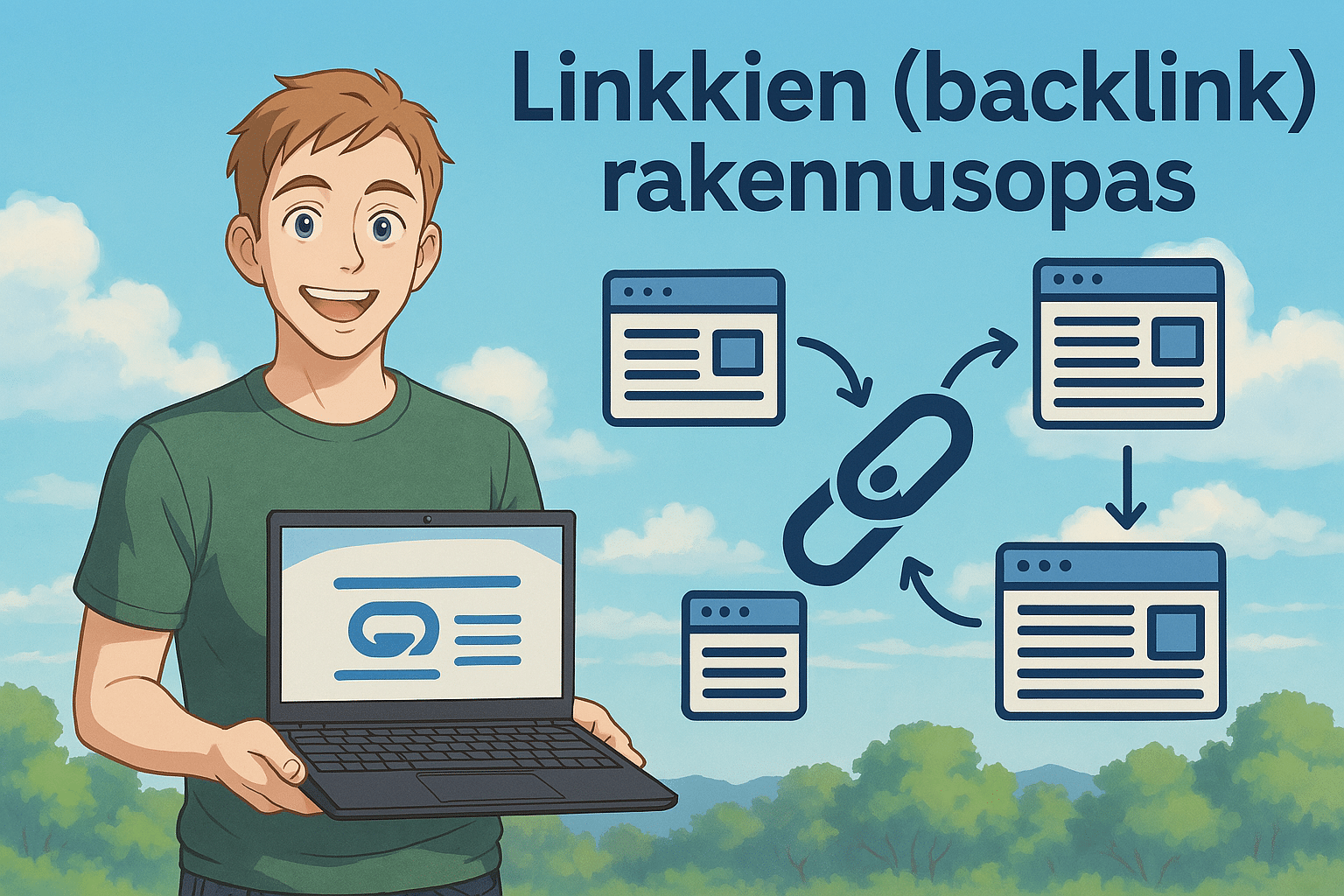 Piirretty mies esittelee hymyillen kannettavaa tietokonetta, ja vieressä selainikkunat on yhdistetty nuolin linkkisymboliin
