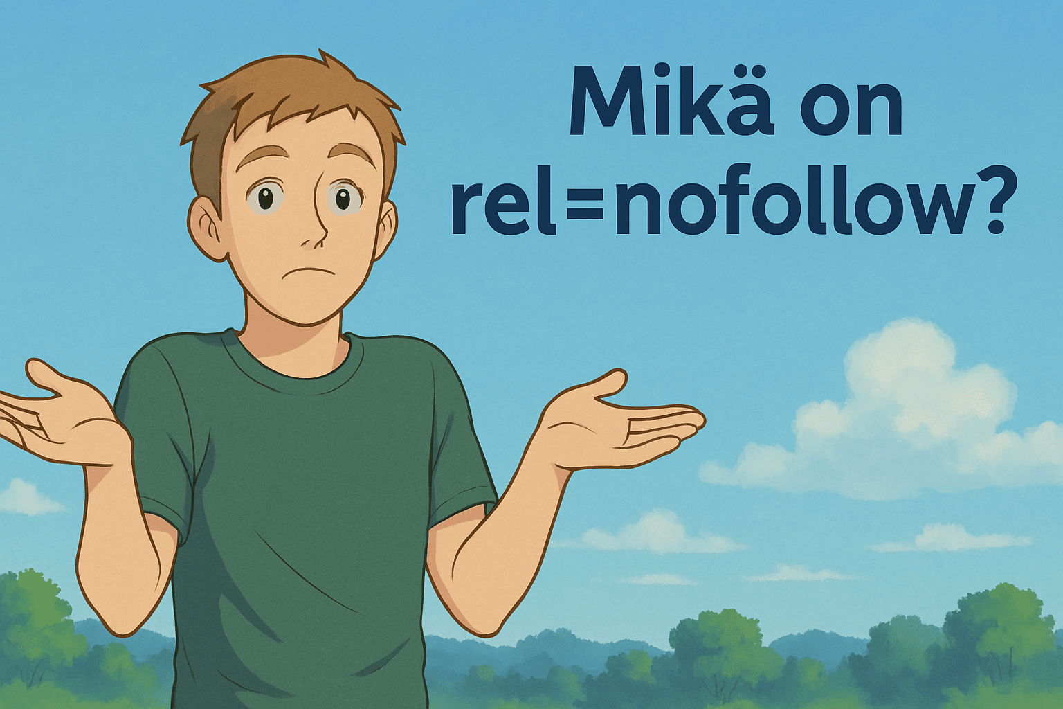 Piirretty mies kohauttaa hämmentyneenä olkiaan, vieressä kysymys ”Mikä on rel=nofollow?”
