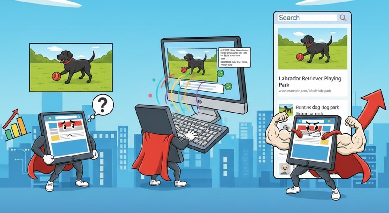 Cartoon in three steps: a web page puzzled by a photo of a dog, a caped computer writing the photo's alt text, and a muscular web page with the photo in the search results