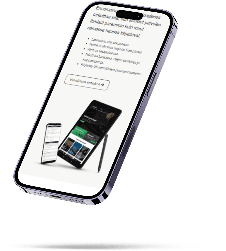 A web page's mobile view on a phone: a list of what makes a good website and a “WordPress kotisivut” (WordPress websites) button