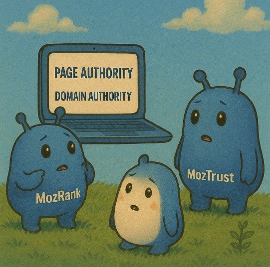 The drawn MozRank and MozTrust characters puzzling over a laptop that reads Page Authority and Domain Authority