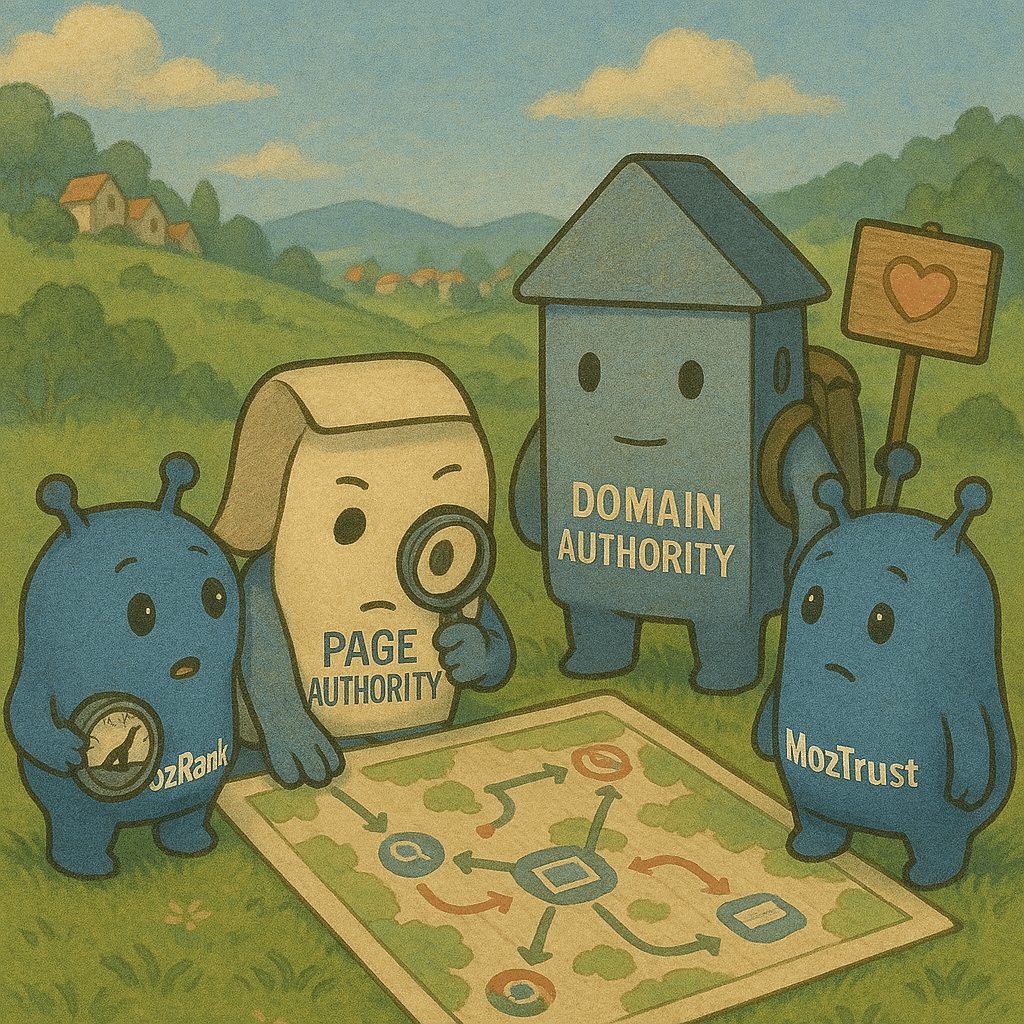 The drawn Page Authority, Domain Authority, MozRank and MozTrust characters studying a map marked with arrows