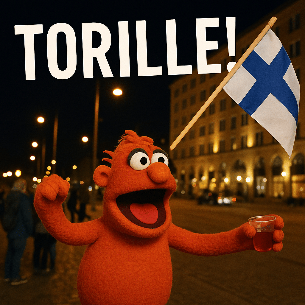 Oranssi Muppets-nukke heiluttaa Suomen lippua ja nostaa mukia yöllä kaupungin kadulla, yläpuolella teksti ”Torille!”
