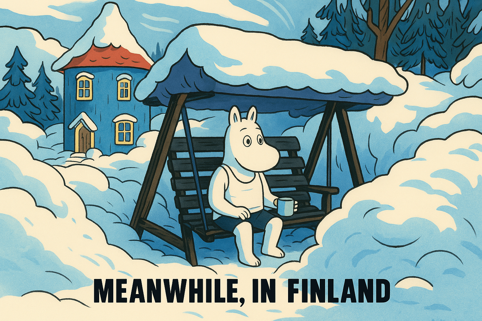Muumihahmo istuu hangen keskellä lumisessa keinussa muki kädessä, taustalla Muumitalo ja teksti ”Meanwhile, in Finland”