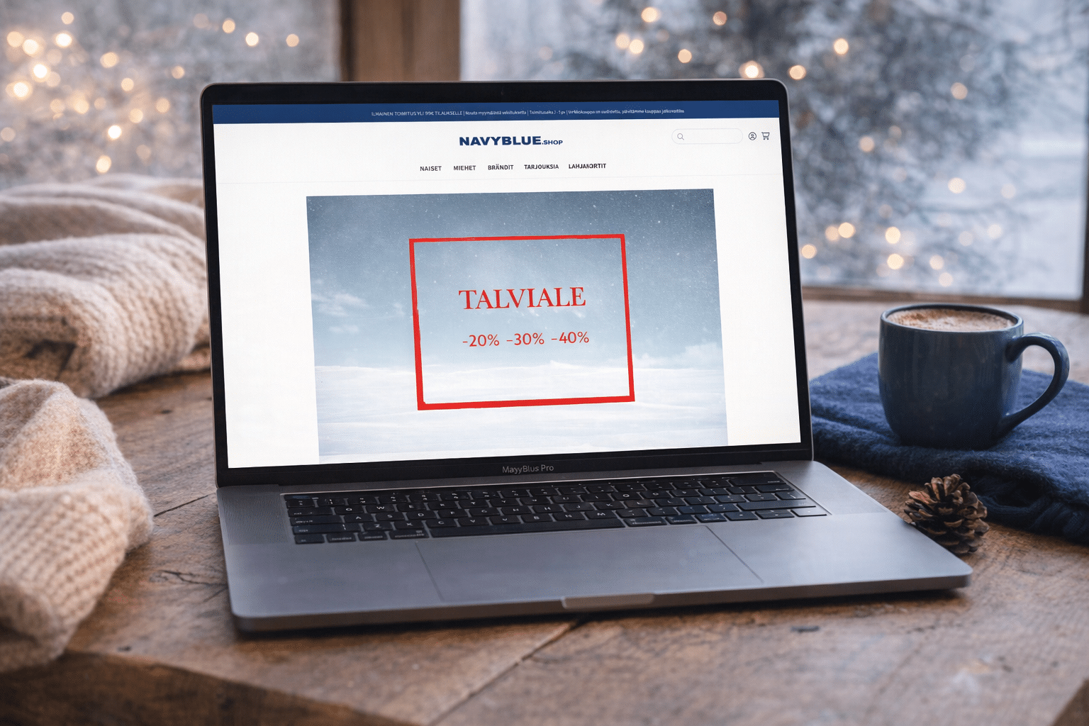 The front page of Navy Blue's online shop on a laptop: a winter sale banner with 20–40% off