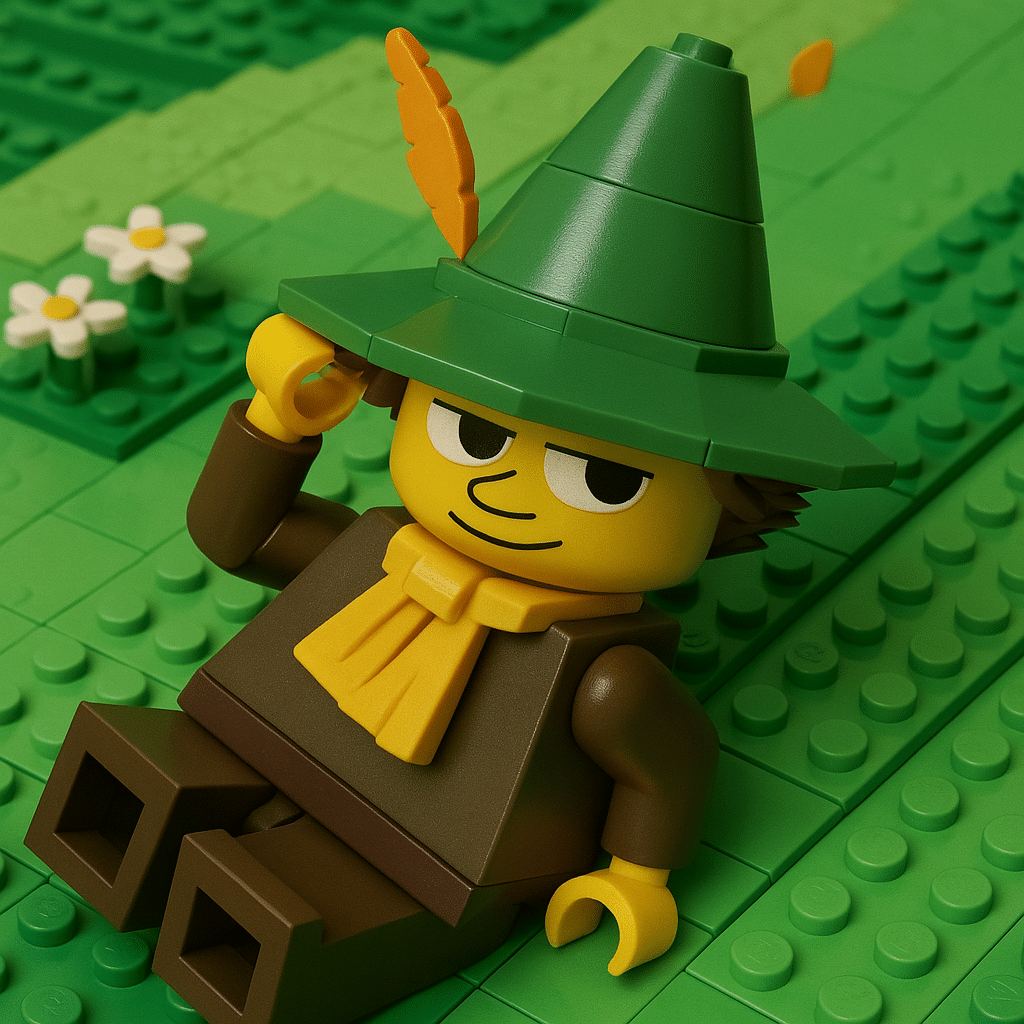 Lego-hahmoksi muutettu Nuuskamuikkunen istuu vihreällä Lego-alustalla ja koskettaa hattuaan