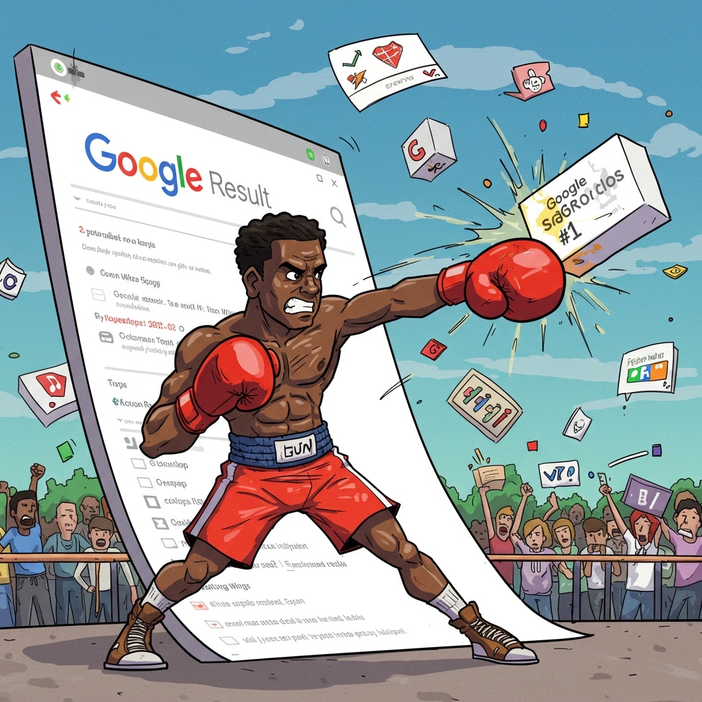 A drawn boxer throwing a punch in front of a giant Google results page, beside a box that says #1