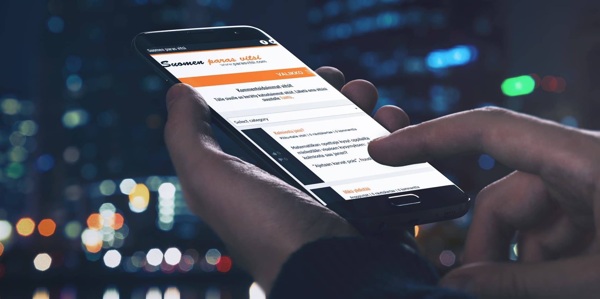 The Suomen paras vitsi (Finland's best joke) site, parasvitsi.com, on a smartphone, showing the most commented jokes