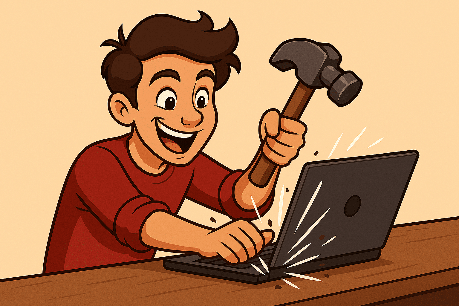 A drawn man gleefully hitting a laptop with a hammer
