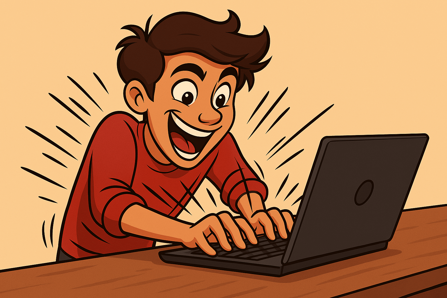 A drawn man excitedly writing content on a laptop
