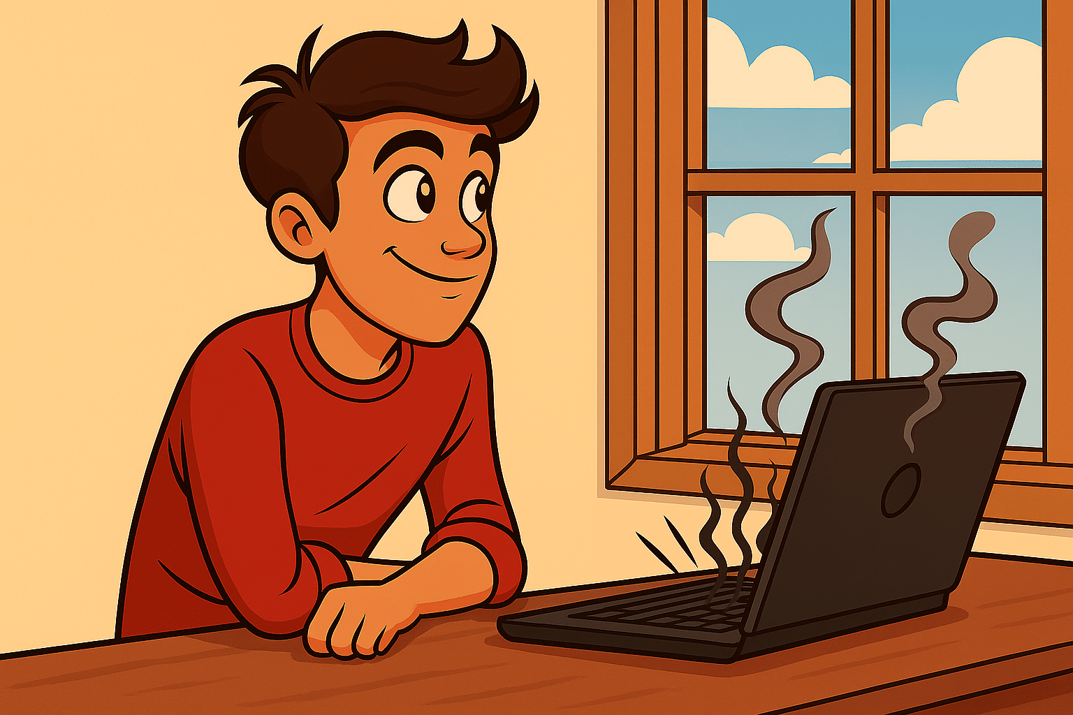 A drawn man sitting contentedly at a desk while his laptop smokes