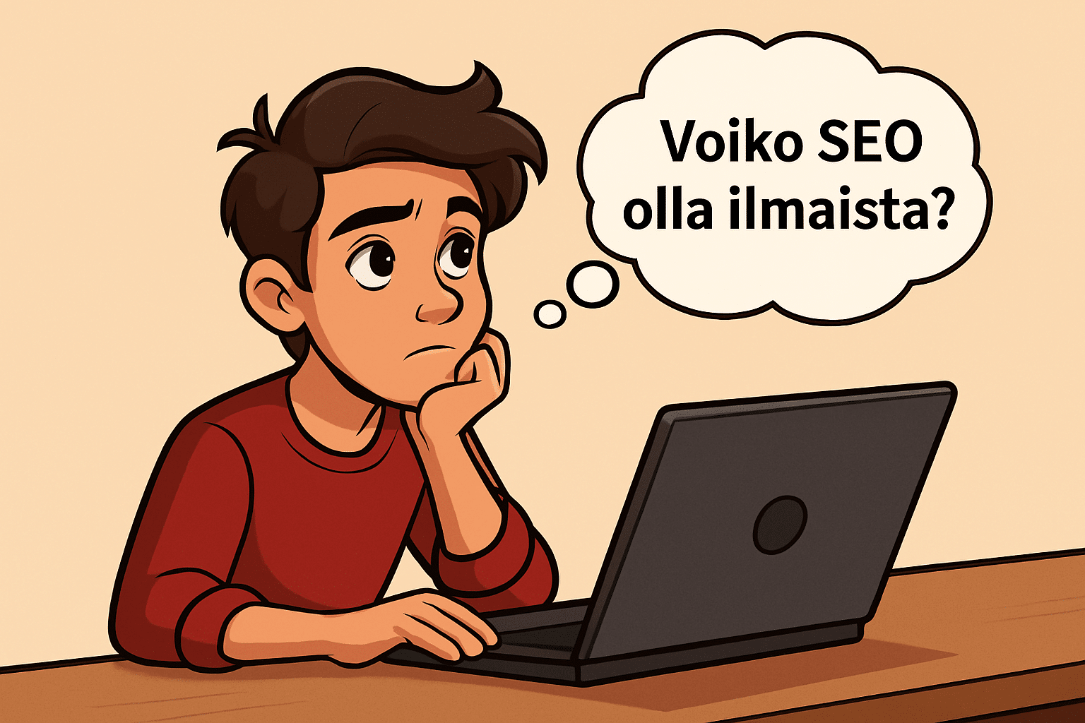 A drawn man thinking at his laptop, with “Voiko SEO olla ilmaista?” (can SEO be free?) in a thought bubble