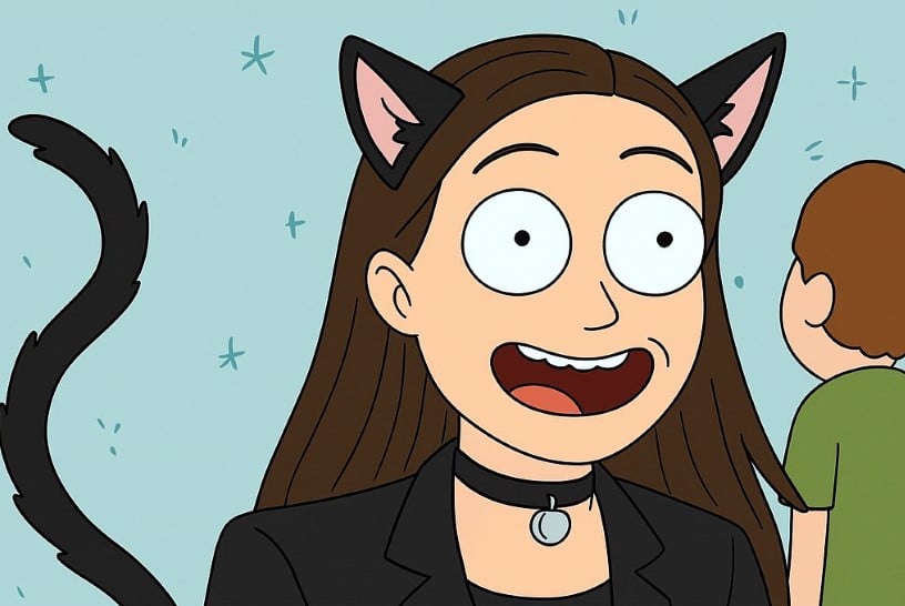 Rick and Morty -tyyliin muutettu nainen, jolla on kissankorvat ja musta kaulapanta