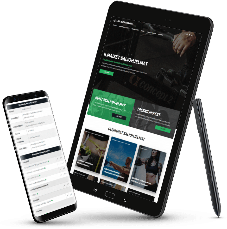 Saliohjelma.com on a tablet and a phone: “Ilmaiset saliohjelmat” (free gym workout plans) on the tablet, a summary of a workout plan on the phone