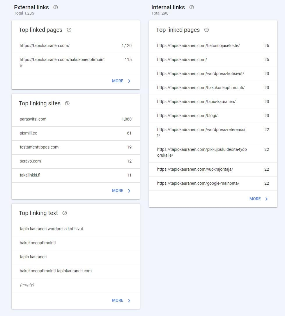 Google Search Console's links report for tapiokauranen.com: 1,235 external and 290 internal links