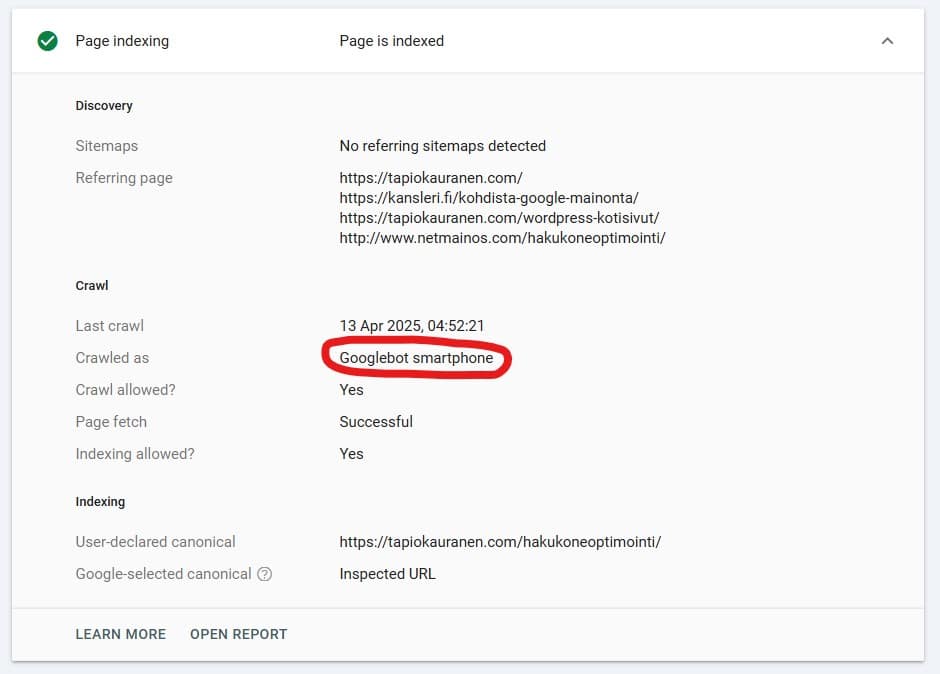 Search Consolen URL-tarkistus: sivu on indeksoitu ja indeksoijaksi on ympyröity Googlebot smartphone