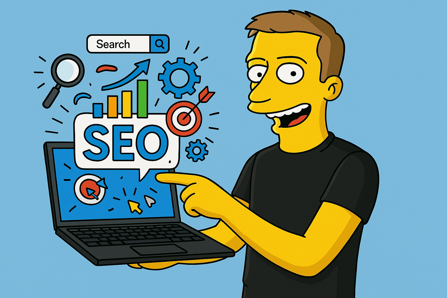 A drawn man in a black T-shirt points excitedly at a laptop with an SEO speech bubble, a search box and a growing bar chart above it