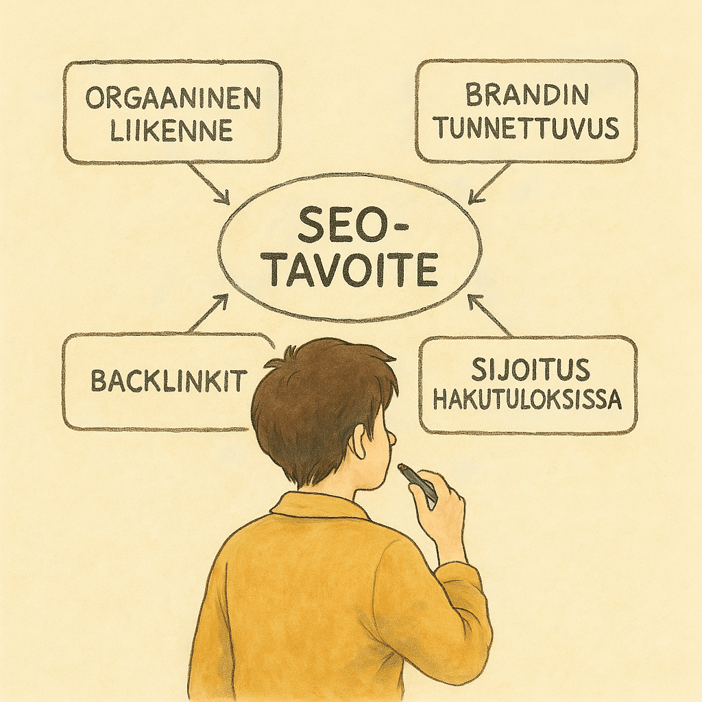 Piirretty mies pohtii SEO-tavoitetta: orgaaninen liikenne, brändin tunnettuus, backlinkit vai sijoitus hakutuloksissa
