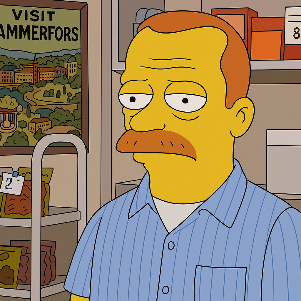 Simpsons-hahmoksi muutettu viiksekäs mies raidallisessa paidassa, taustalla juliste ”Visit Tammerfors”