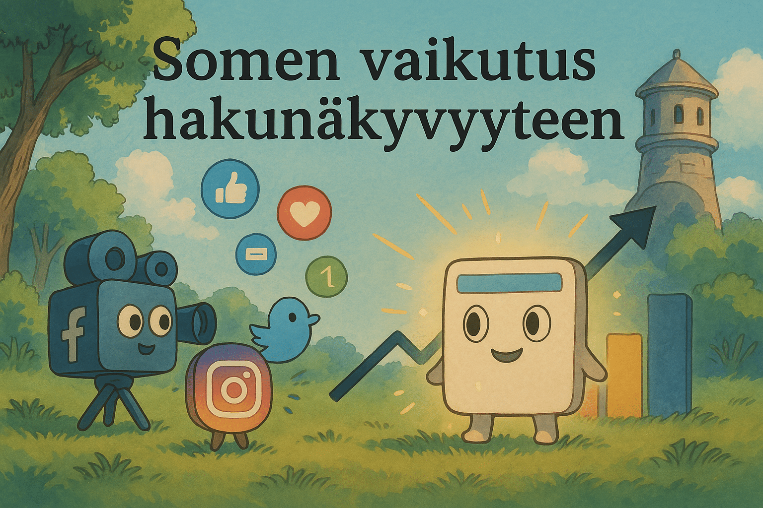 Drawn Facebook, Instagram and Twitter characters and a smiling web page beside a rising chart