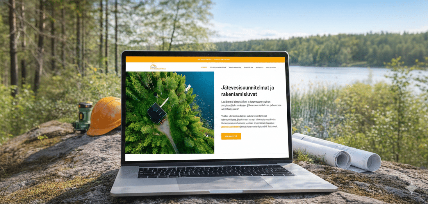 Suomen Jätevesisuunnittelu's website on a laptop, with the headline “Jätevesisuunnitelmat ja rakentamisluvat” (wastewater plans and building permits)