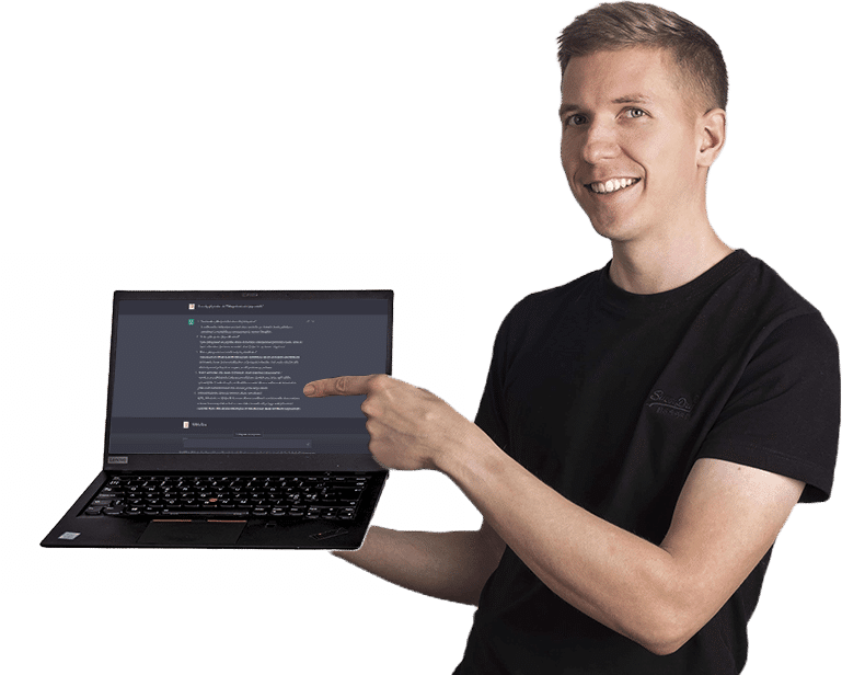 Tapio Kauranen smiling and pointing at a laptop that shows a conversation with AI