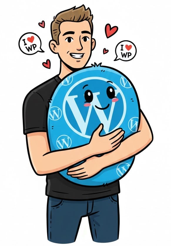 A drawing of Tapio Kauranen hugging a big, smiling WordPress logo, with hearts and “I ♥ WP” speech bubbles around them