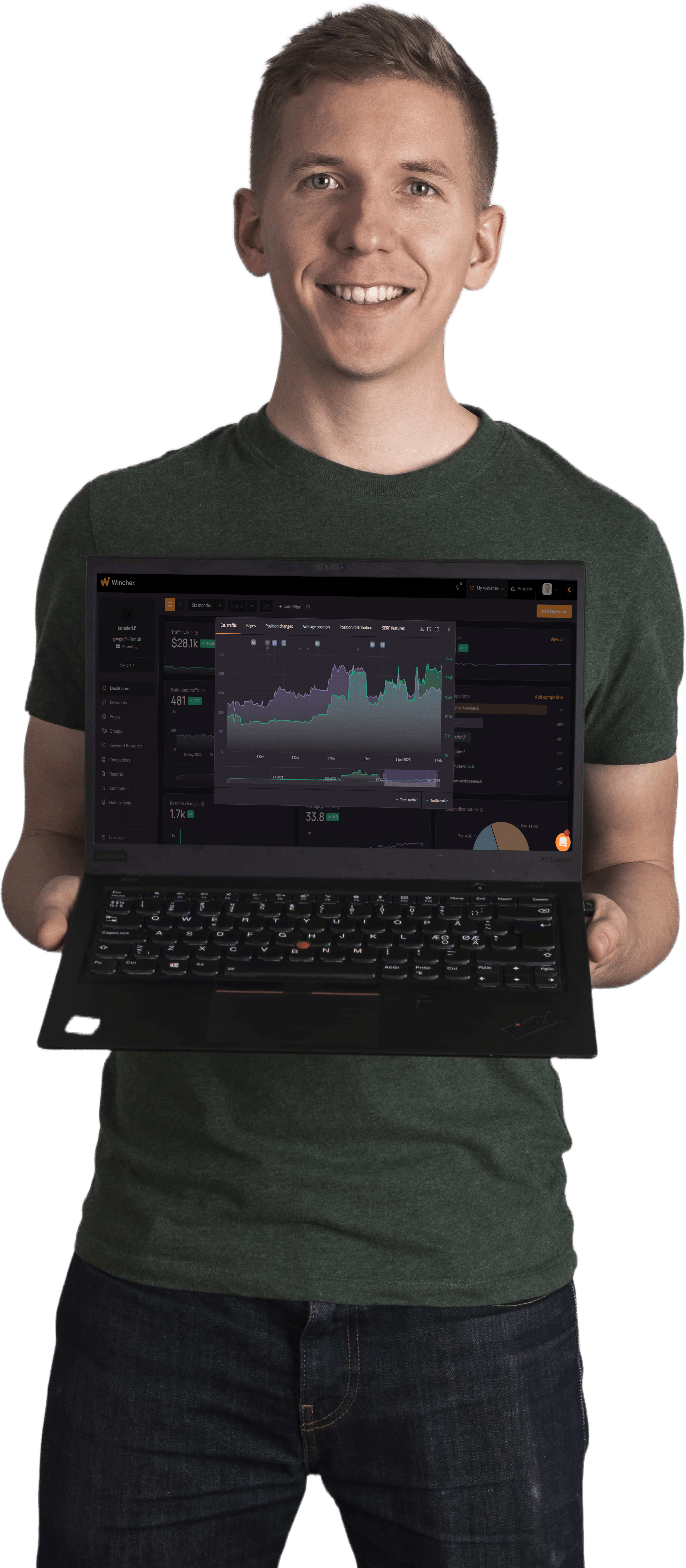 Tapio Kauranen holding a laptop that shows a traffic chart in the Wincher tool